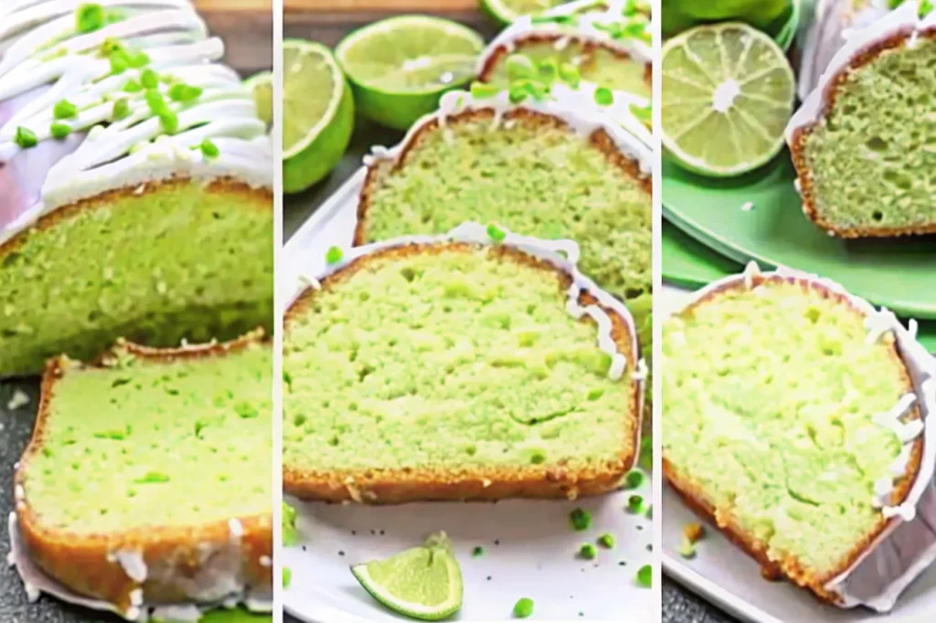 A beautifully presented slice of Key Lime Pound Cake with lime glaze, lime slices, and mint leaves.