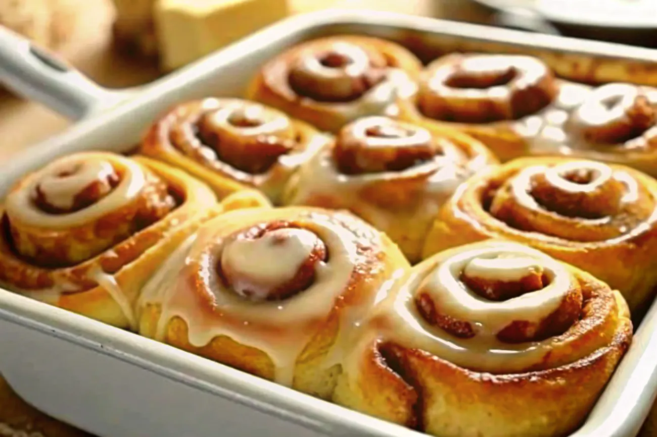 A baking dish filled with fluffy, golden-brown cinnamon rolls drizzled with heavy cream glaze, with a fork lifting one roll to reveal its gooey layers.