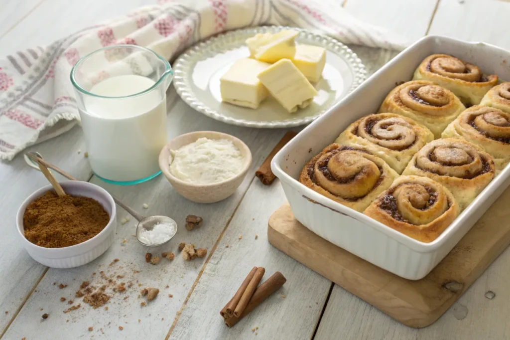 A flat lay of ingredients for TikTok cinnamon rolls, including store-bought cinnamon roll tubes, heavy cream, butter slices, brown sugar, cinnamon, and cream cheese icing on a wooden surface.