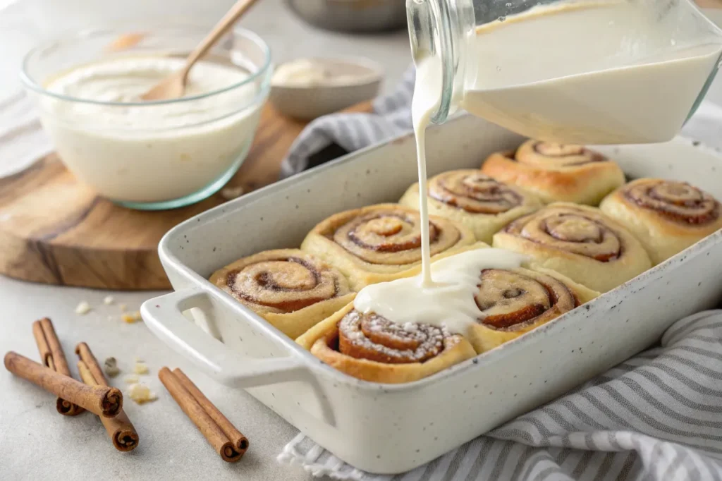 A glass measuring cup pouring heavy cream over unbaked cinnamon rolls in a baking dish, preparing them for baking.