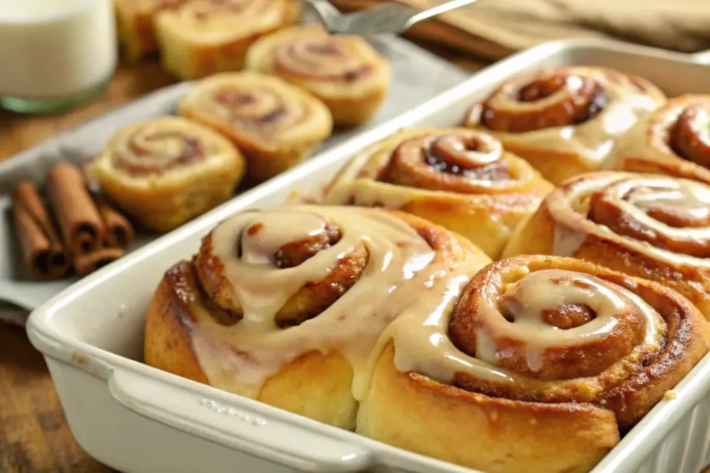  Freshly baked cinnamon rolls in a baking dish, covered in butter and brown sugar glaze, with extra cream cheese icing being drizzled on top.