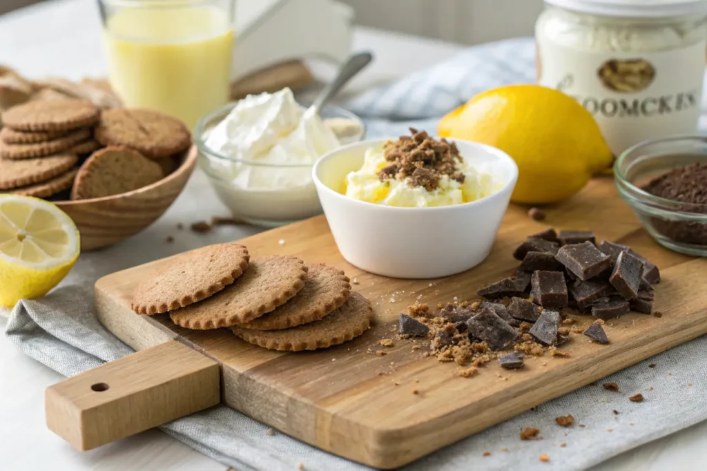 Fresh ingredients for Lemon Bliss Tart, including digestive biscuits, butter, condensed milk, lemon juice, zest, whipped cream, and chocolates.