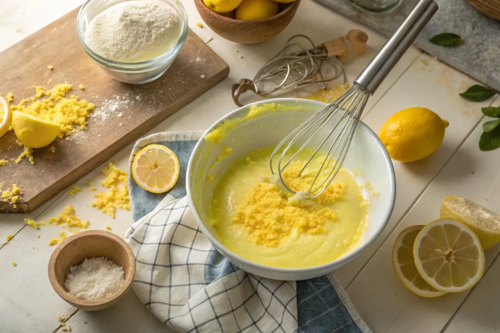 Step-by-step process of mixing the tangy lemon filling for Lemon Bliss Tart with key ingredients like condensed milk and zest.