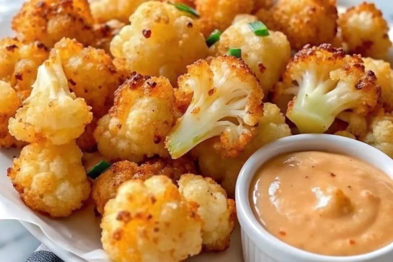 A tray of Crispy Roasted Cauliflower with golden edges, Parmesan cheese, and fresh parsley garnish.