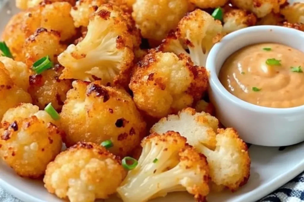 A finished tray of Crispy Roasted Cauliflower with Parmesan, parsley, and tahini sauce for added flair.