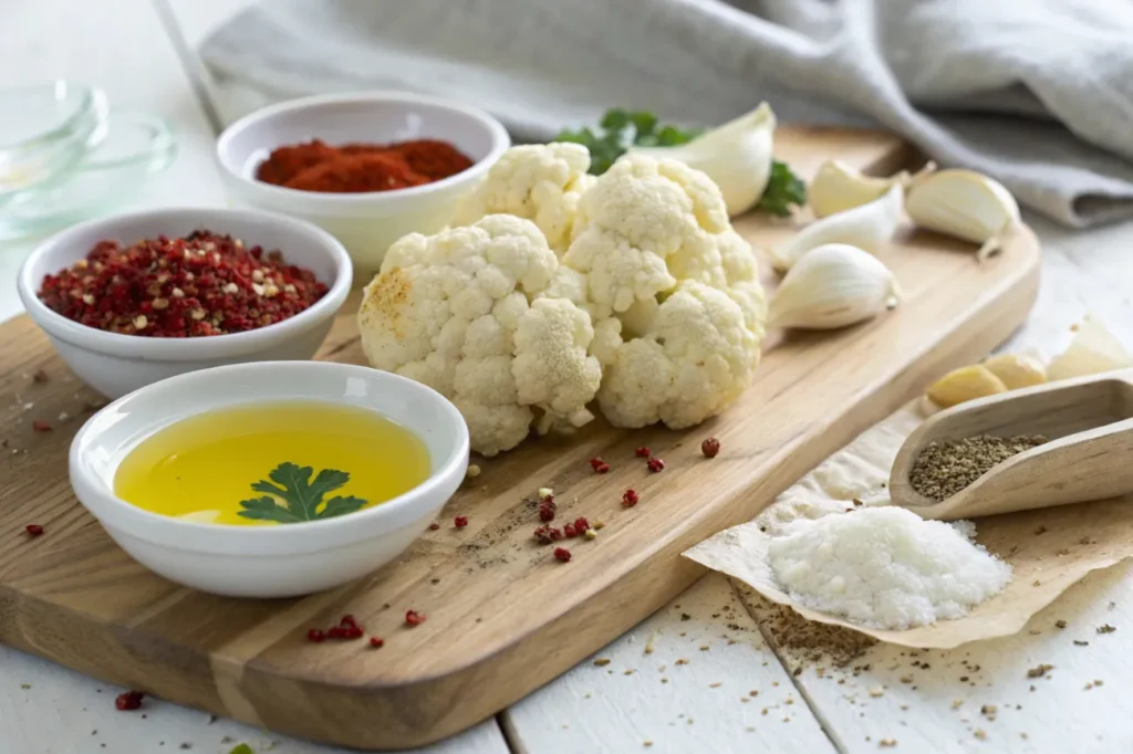 Fresh ingredients for Crispy Roasted Cauliflower, including cauliflower, olive oil, spices, and Parmesan cheese.