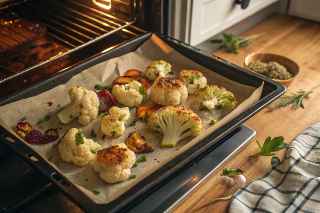 Cauliflower florets roasting in the oven, developing golden-brown edges and crispy textures.