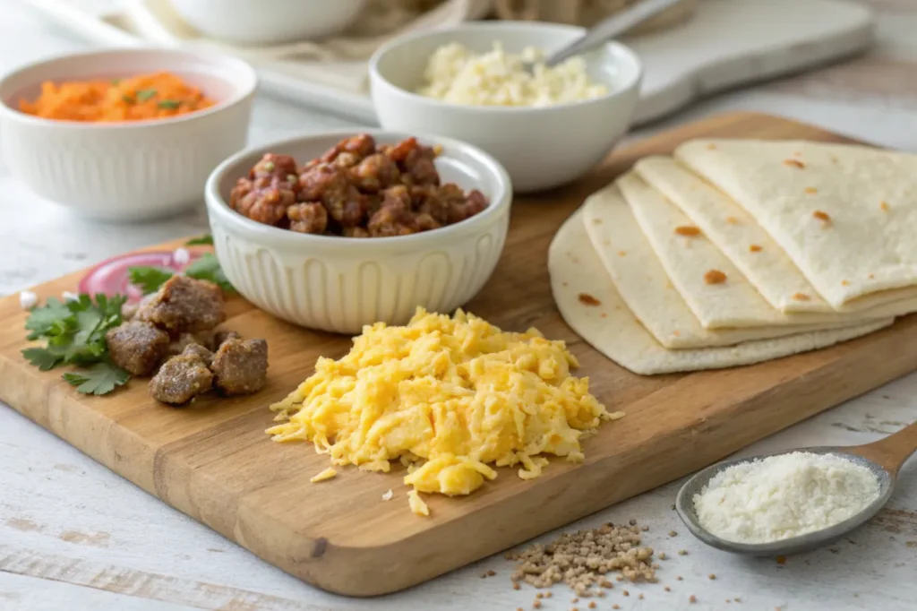 Fresh ingredients for Sausage, Egg, and Cheese Breakfast Roll-Ups, including sausage, eggs, cheese, and tortillas.

