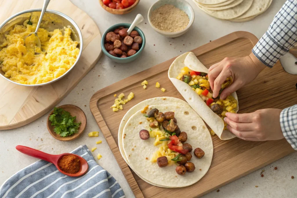 Step-by-step process of assembling Sausage, Egg, and Cheese Breakfast Roll-Ups with key ingredients.