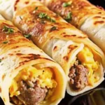 Sausage, Egg, and Cheese Breakfast Roll-Ups with melted cheese, scrambled eggs, and crumbled sausage, served alongside salsa.