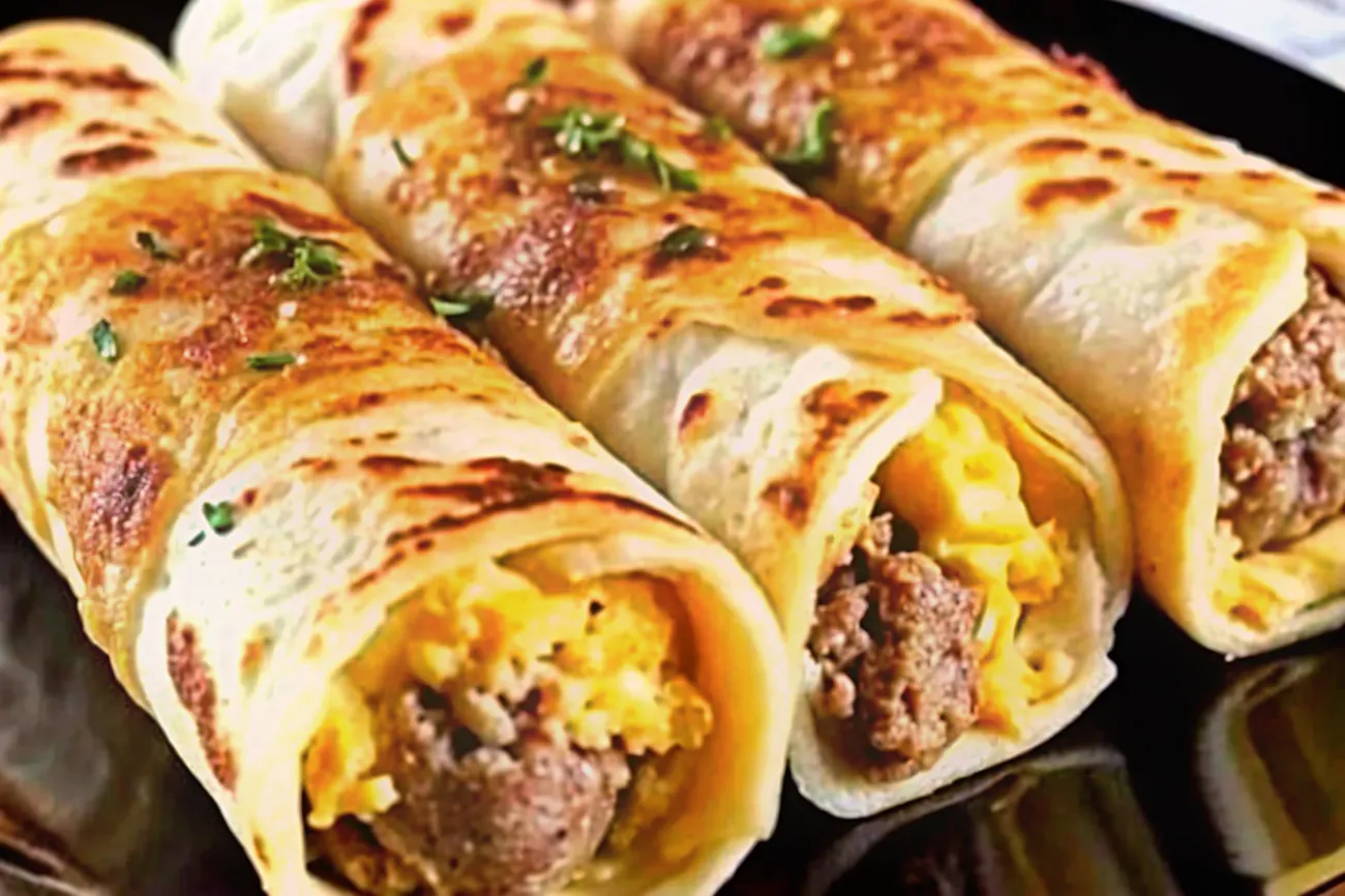 Sausage, Egg, and Cheese Breakfast Roll-Ups with melted cheese, scrambled eggs, and crumbled sausage, served alongside salsa.