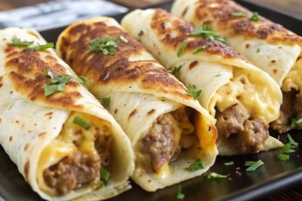 A finished tray of Sausage, Egg, and Cheese Breakfast Roll-Ups with fresh fruit and coffee for a complete breakfast spread.