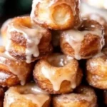 A plate of Cinnamon Roll French Toast Bites with powdered sugar and maple syrup drizzles.