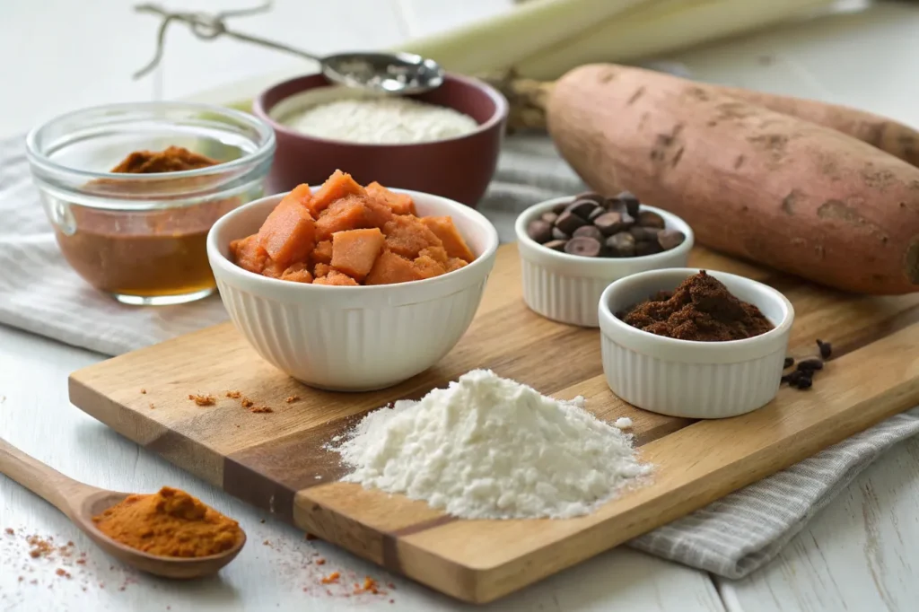  Fresh ingredients for Vegan Sweet Potato Brownies, including sweet potato, almond flour, cocoa powder, and other essentials.