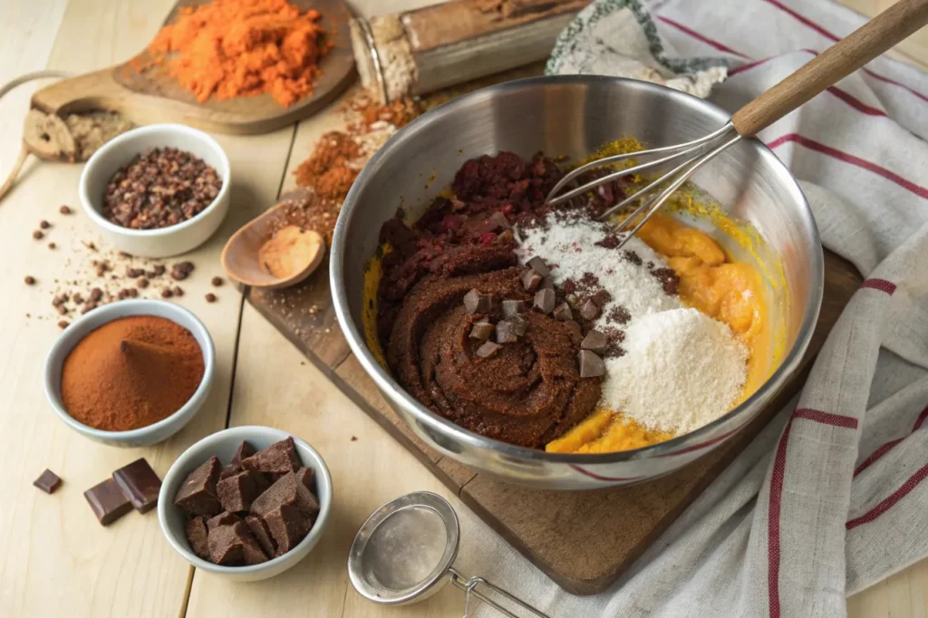 Step-by-step process of mixing the Vegan Sweet Potato Brownie batter with key ingredients.