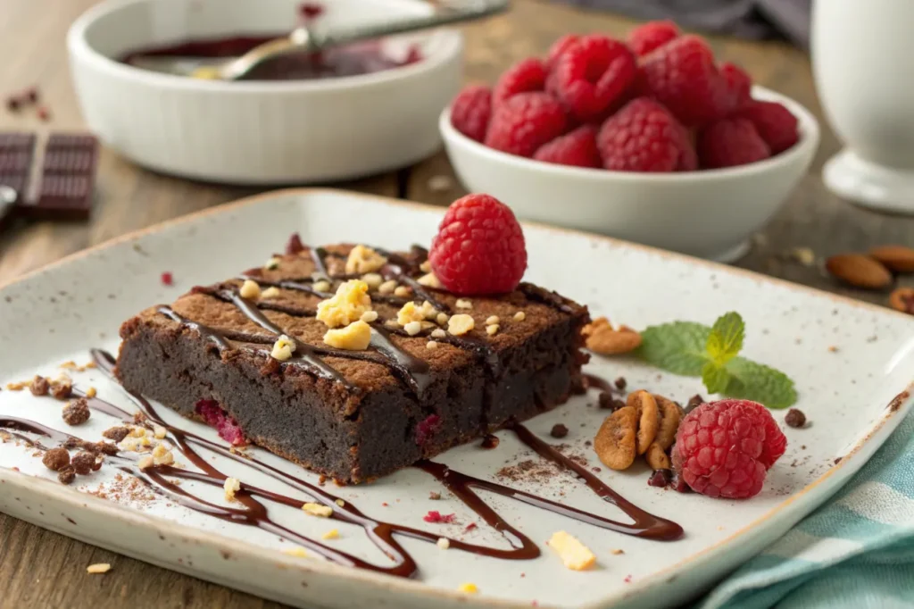 A finished slice of Vegan Sweet Potato Brownie with chocolate drizzle, raspberries, and toasted nuts for added flair.