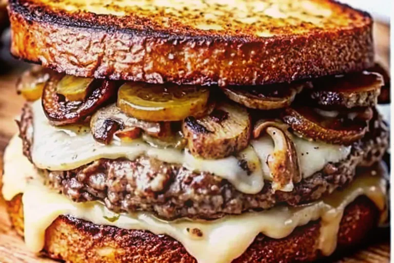 A delicious Swiss Mushroom Melt Delight featuring beef patties, Swiss cheese, and sautéed mushrooms on toasted sourdough bread.