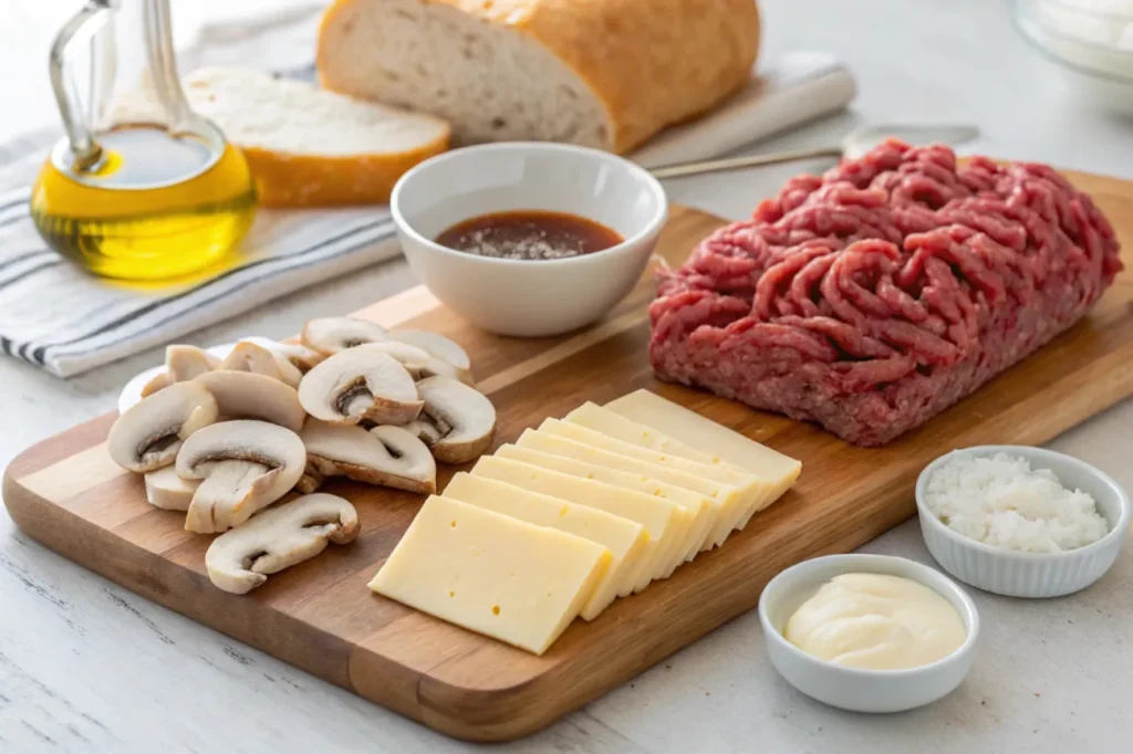 Fresh ingredients for Swiss Mushroom Melt Delight, including ground beef, Swiss cheese, mushrooms, and spices.