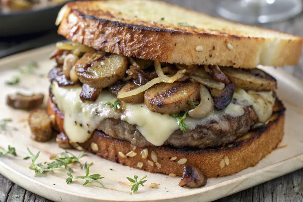 A finished plate of Swiss Mushroom Melt Delights with sautéed mushrooms and fresh herb garnish