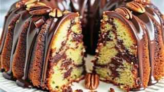 A delicious Decadent German Chocolate Pecan Pound Cake with coconut-pecan filling and a glossy glaze.