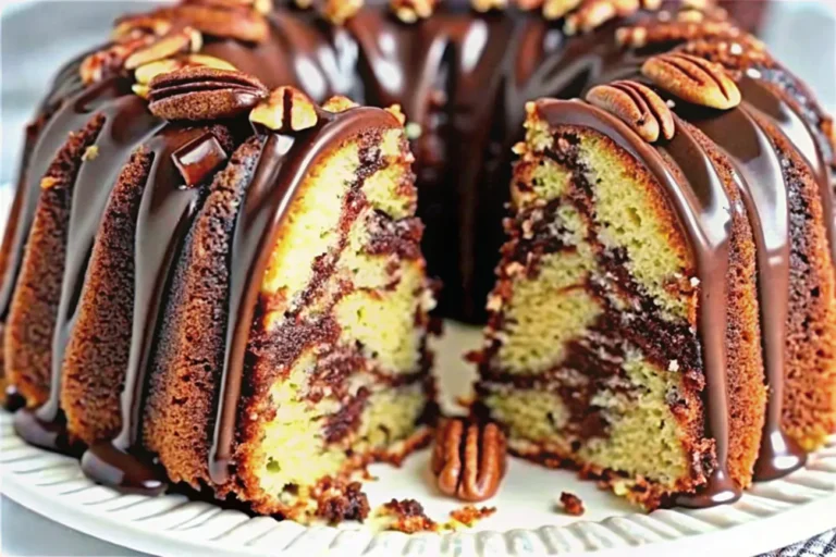 A delicious Decadent German Chocolate Pecan Pound Cake with coconut-pecan filling and a glossy glaze.