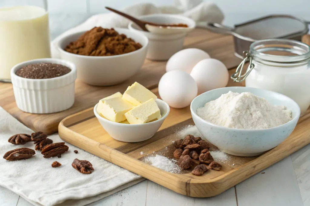 Fresh ingredients for Decadent German Chocolate Pecan Pound Cake, including butter, sugar, cocoa powder, coconut, and pecans.