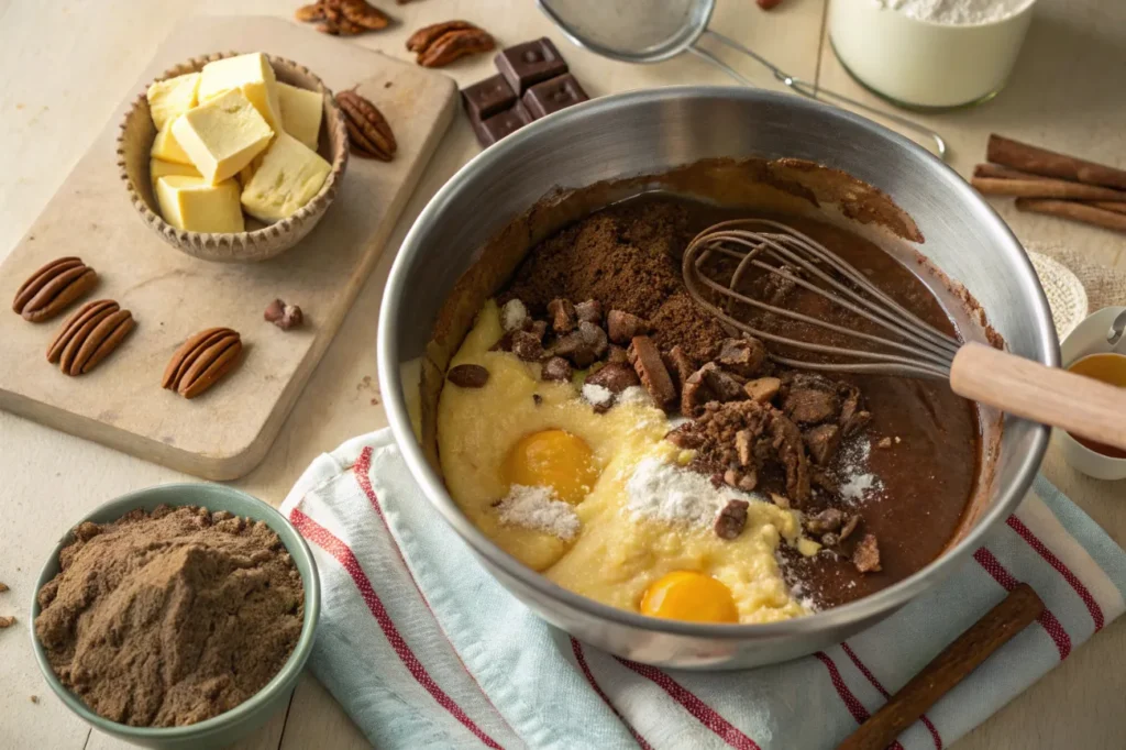 Step-by-step process of mixing the Decadent German Chocolate Pecan Pound Cake batter with key ingredients.