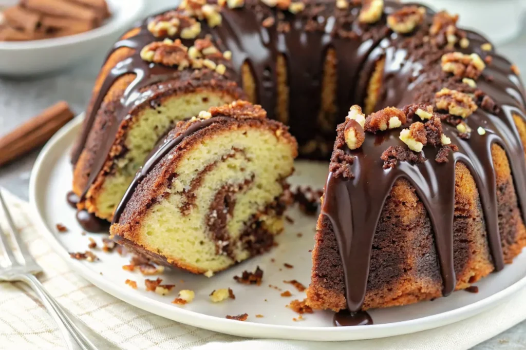 A finished slice of Decadent German Chocolate Pecan Pound Cake with caramel drizzle, coconut-pecan filling, and powdered sugar garnish.






