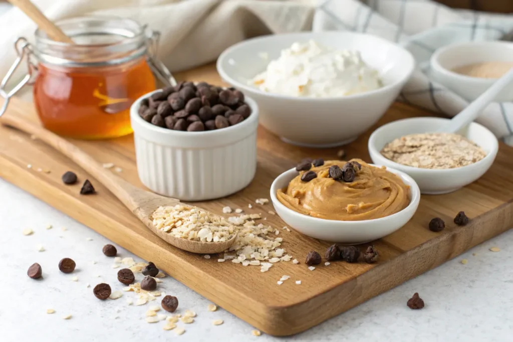 Fresh ingredients for Greek Yogurt Cookie Dough, including yogurt, nut butter, honey, and flour.