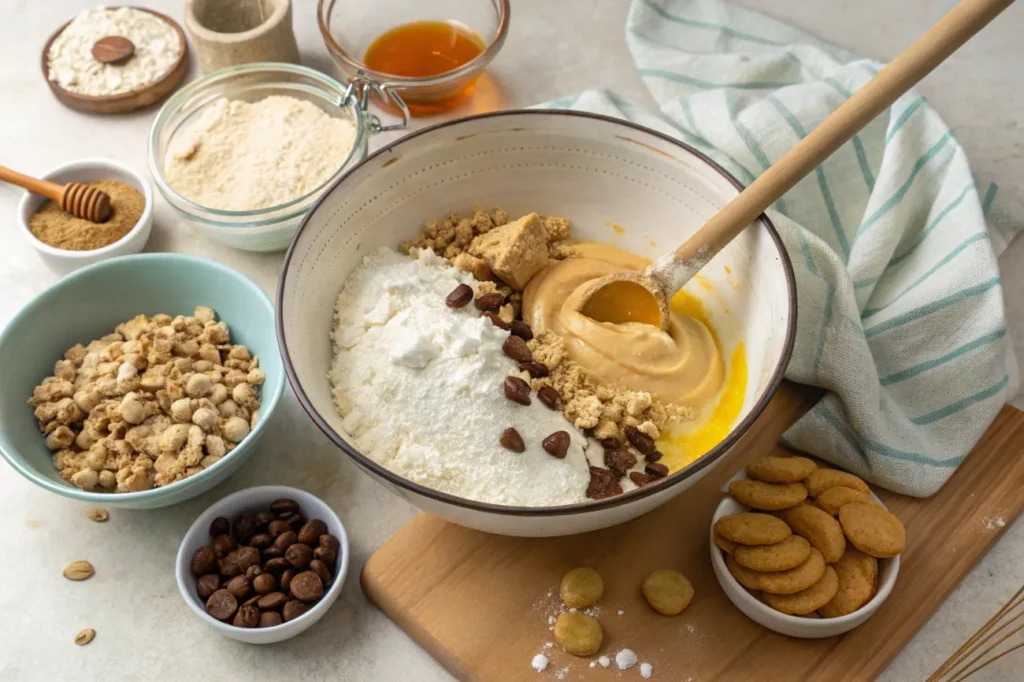 Step-by-step process of mixing Greek Yogurt Cookie Dough with key ingredients.