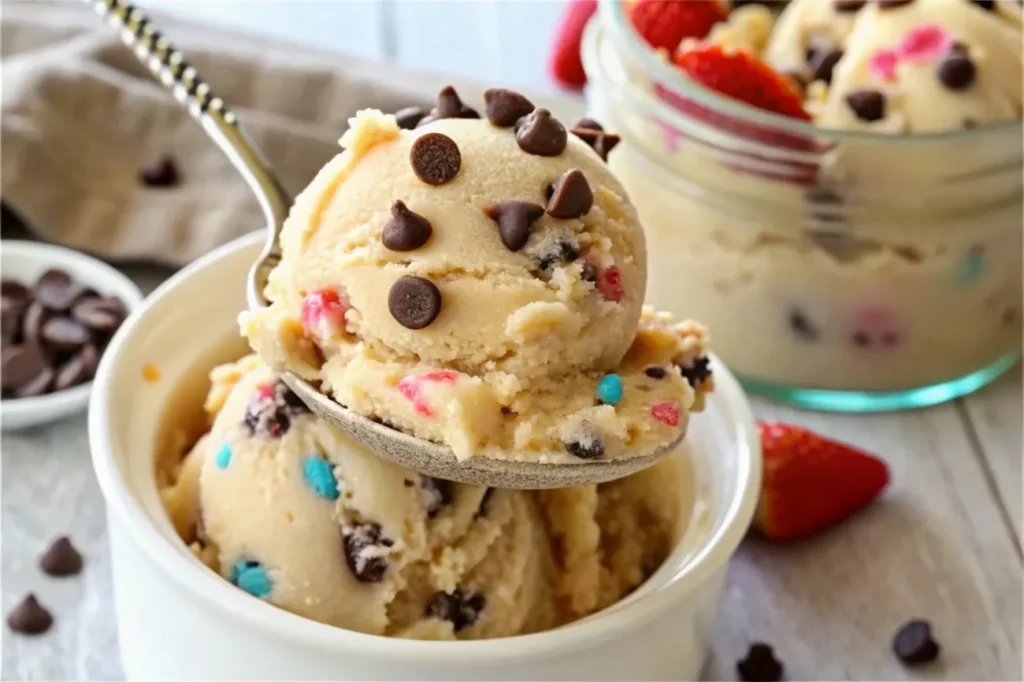 A finished scoop of Greek Yogurt Cookie Dough with chocolate chips and fresh strawberries for added flair.






