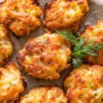 A delicious plate of Cheesy Chicken Fritters with melted cheese centers and dipping sauces.