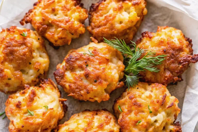 A delicious plate of Cheesy Chicken Fritters with melted cheese centers and dipping sauces.