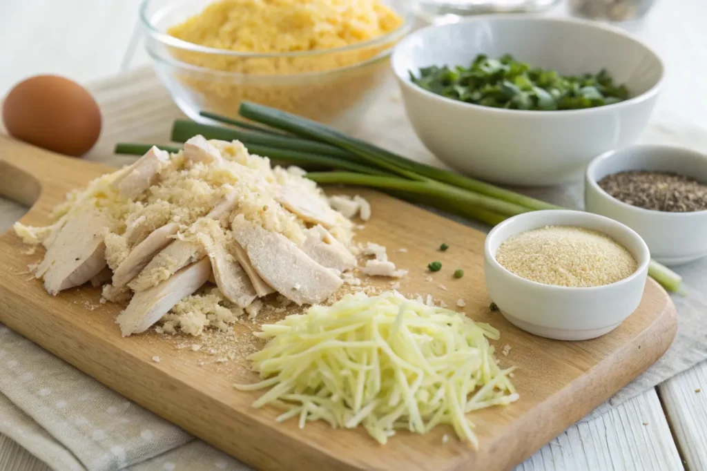 Fresh ingredients for Cheesy Chicken Fritters, including chicken, cheese, breadcrumbs, and spices.

