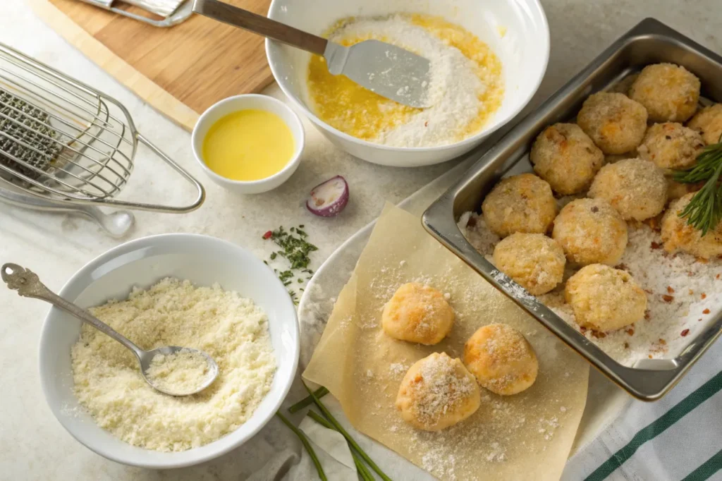 Step-by-step process of coating Cheesy Chicken Fritters with flour, egg wash, and breadcrumbs.