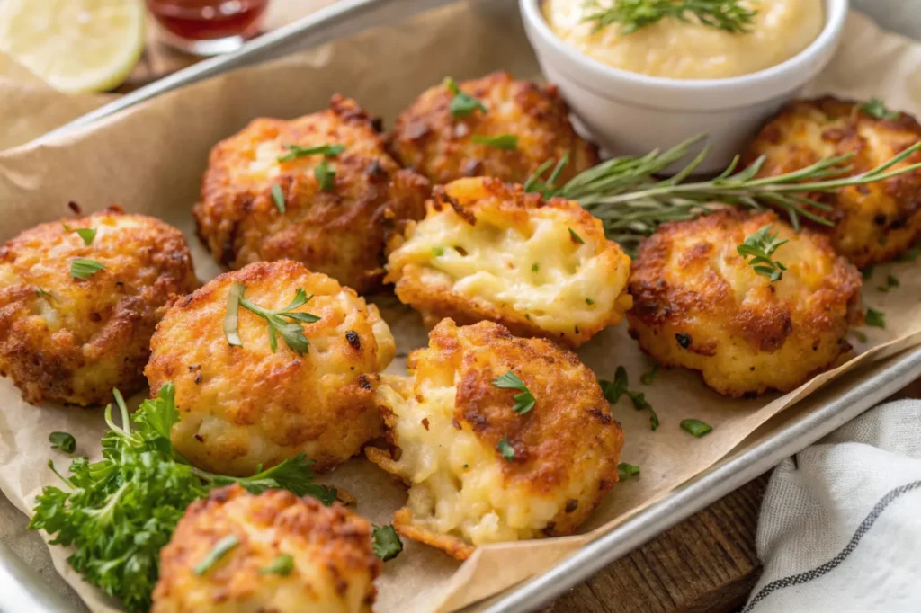  A finished tray of Cheesy Chicken Fritters with dipping sauces and fresh herb garnish.






