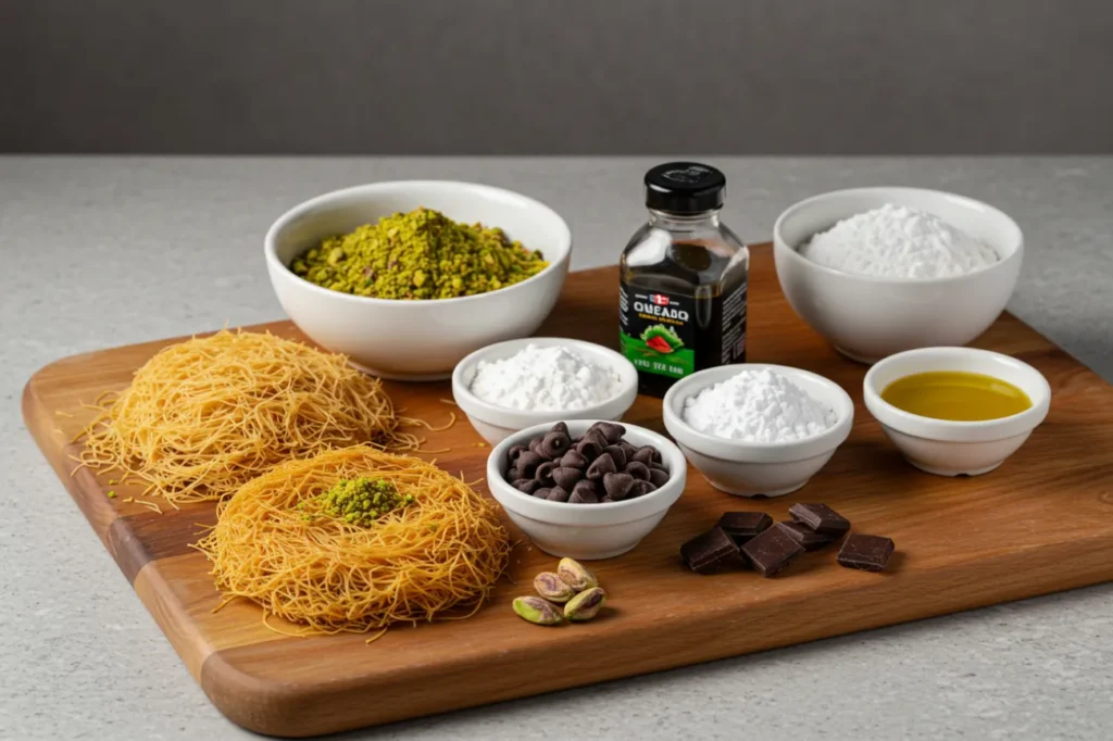  Fresh ingredients for Dubai Chocolate Bars, including pistachios, knafeh, and chocolate.