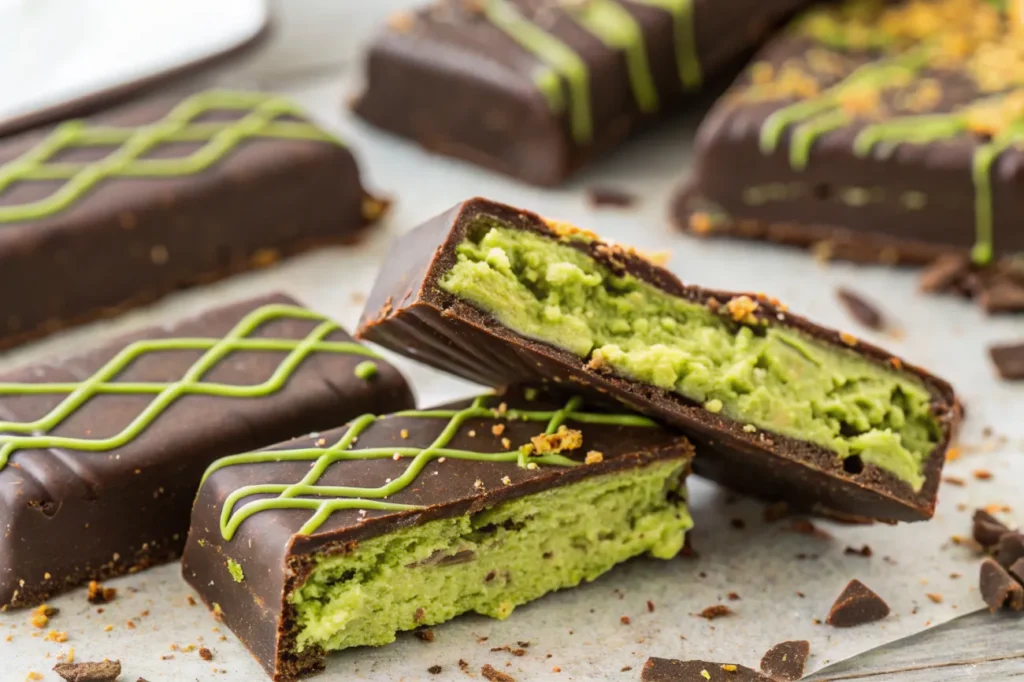 A finished tray of Dubai Chocolate Bars with crushed pistachios and edible gold dust garnish