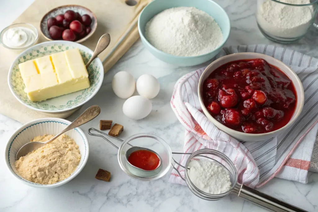 "Flat lay photo of essential ingredients for cherry pie bars including butter, sugar, eggs, vanilla, flour, salt, and cherry pie filling arranged on a marble countertop with baking tools nearby."

