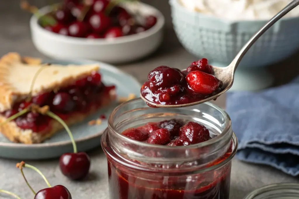 "Flat lay photo of essential ingredients for cherry pie bars including butter, sugar, eggs, vanilla, flour, salt, and cherry pie filling arranged on a marble countertop with baking tools nearby."

