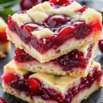 Delicious homemade cherry pie bars displayed on a rustic wooden surface, featuring golden crust, juicy cherry filling, and crumbly topping, garnished with powdered sugar and a fresh cherry.