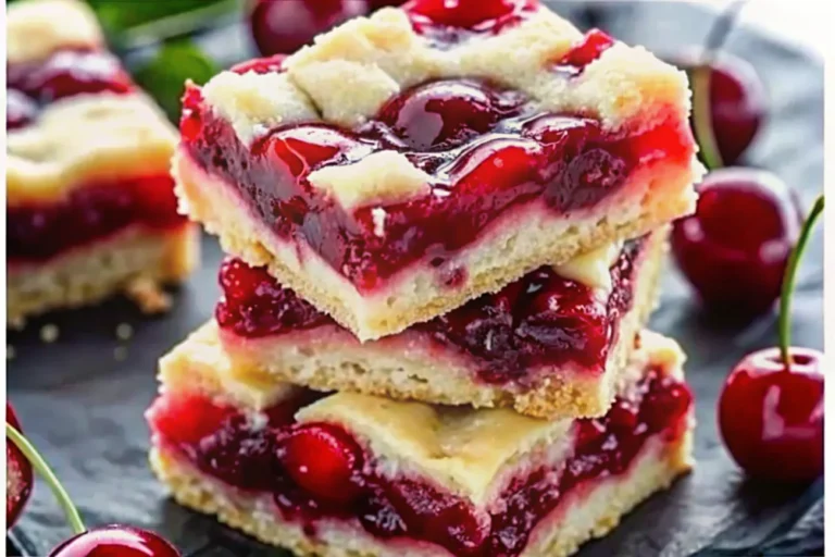 Delicious homemade cherry pie bars displayed on a rustic wooden surface, featuring golden crust, juicy cherry filling, and crumbly topping, garnished with powdered sugar and a fresh cherry.