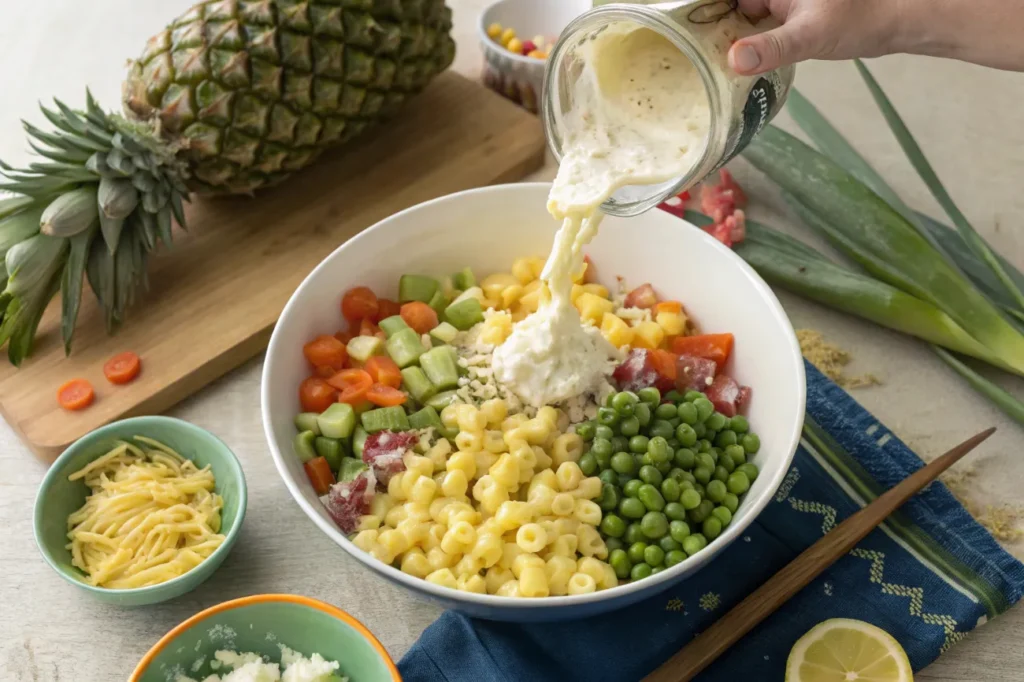 Step-by-step process of mixing Hawaiian Macaroni Salad with key ingredients.