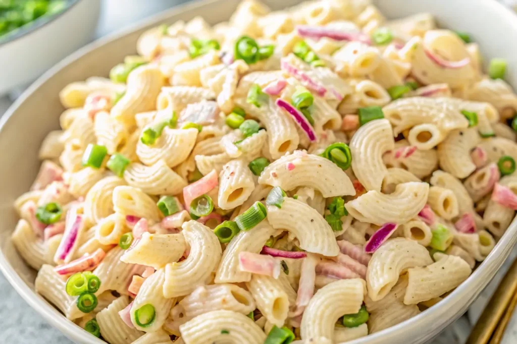 A finished platter of Hawaiian Macaroni Salad with pineapple and green onions, served as a side dish.