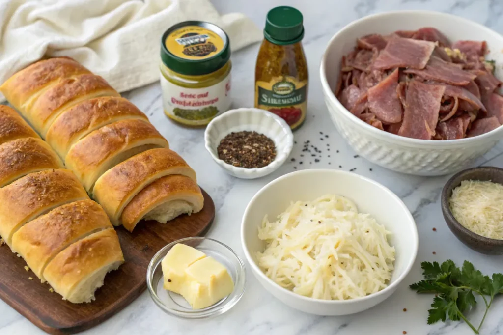 Essential ingredients for Reuben Crescent Bake, including crescent dough, corned beef, Swiss cheese, sauerkraut, Thousand Island dressing, egg, caraway seeds, and melted butter.