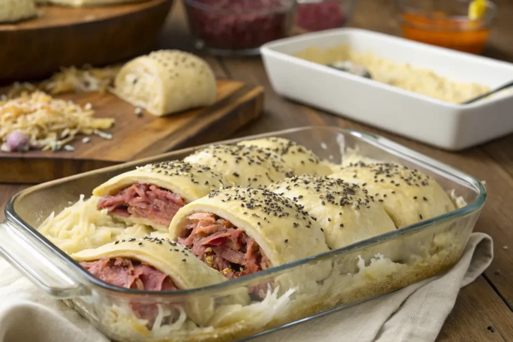 lose-up of Reuben Crescent Bake before baking, showcasing layers of corned beef, sauerkraut, and Swiss cheese, topped with egg-washed dough and caraway seeds.