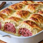 Golden Reuben Crescent Bake with melted Swiss cheese, corned beef, and sauerkraut, served on a rustic table with Thousand Island dressing and caraway seeds.