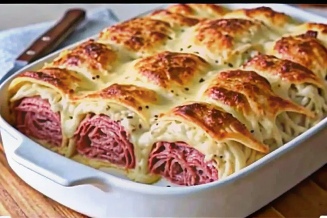 Golden Reuben Crescent Bake with melted Swiss cheese, corned beef, and sauerkraut, served on a rustic table with Thousand Island dressing and caraway seeds.