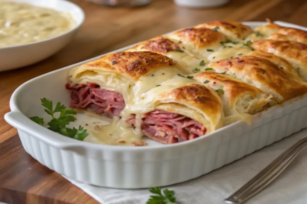 Sliced Reuben Crescent Bake with flaky crust, melted cheese, and layers of corned beef and sauerkraut, garnished with parsley and served with Thousand Island dressing.