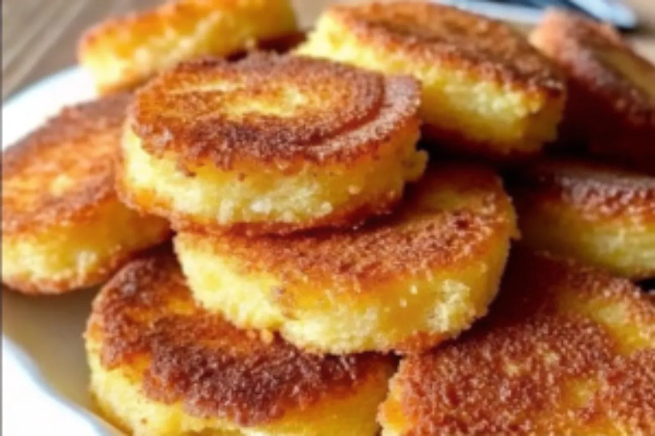 A delicious plate of Crispy Fried Cornbread with powdered sugar and honey drizzles.